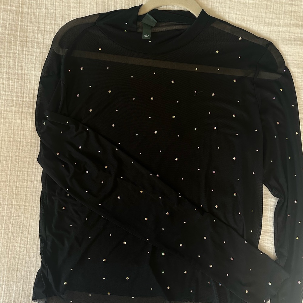 Wild Fable Black Sheer Blouse with Pearl Accents